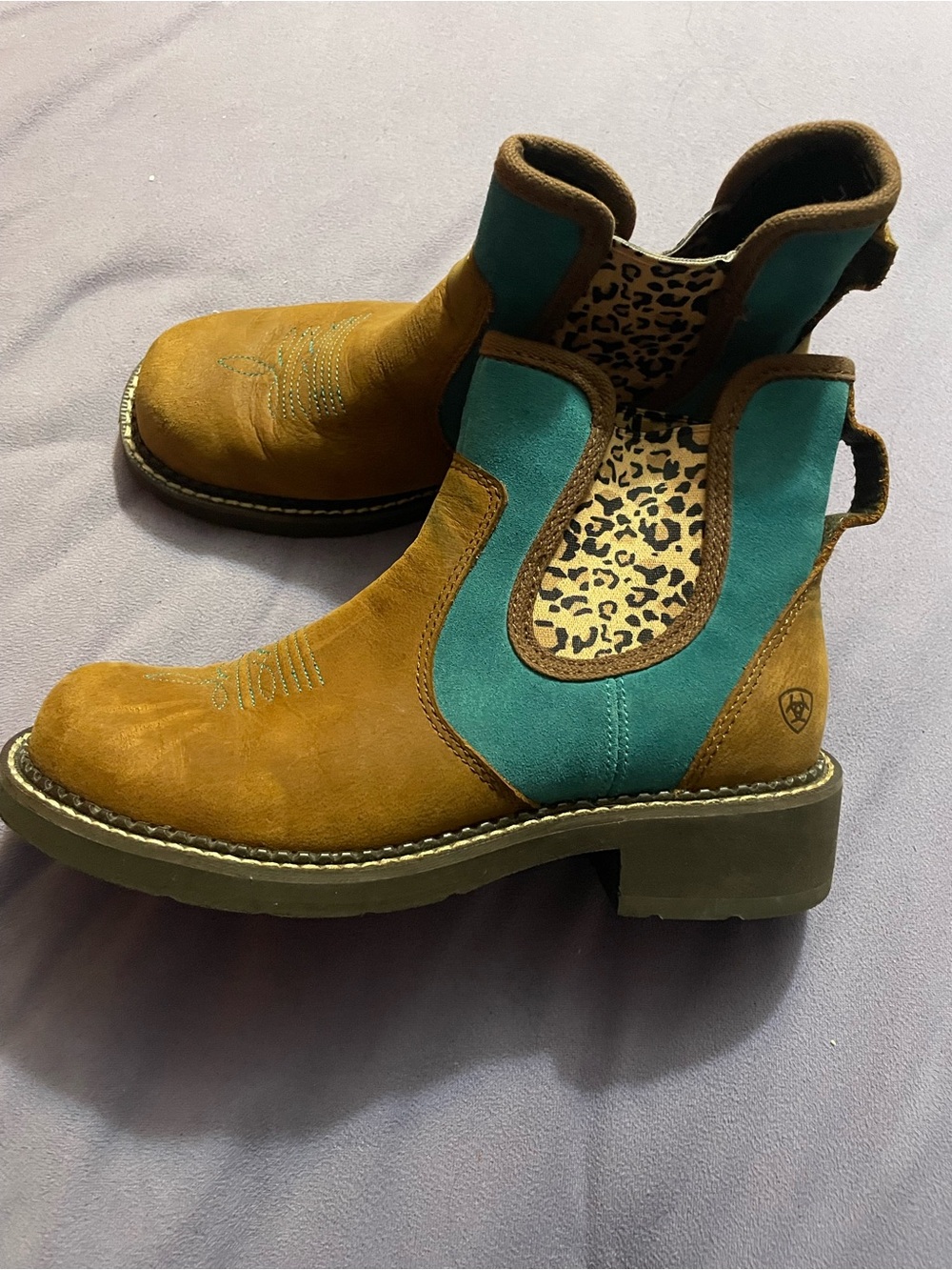 Ariat Tan Leather Ankle Boots with Teal Suede Accents